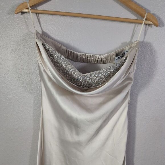 Prom dress Hoco Satin Y2k Crystal Drape Sz S Sequins Beige Maxi Strapless 127 - Picture 2 of 10